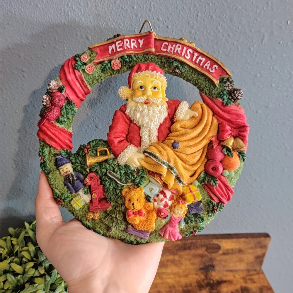Santa Wreath Plaque Painted Vintage Wall Christmas Decor Holiday Toys Merry